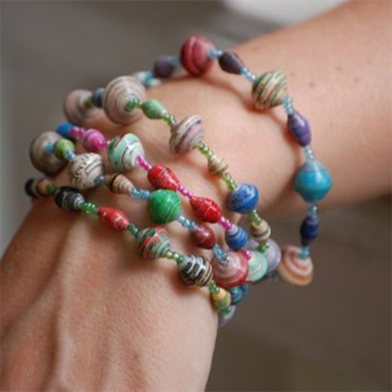 Earthtone Recycled Paper Bead Unisex Triple Wrap Bracelet Fair Trade BeadforLife Jewelry from Africa 